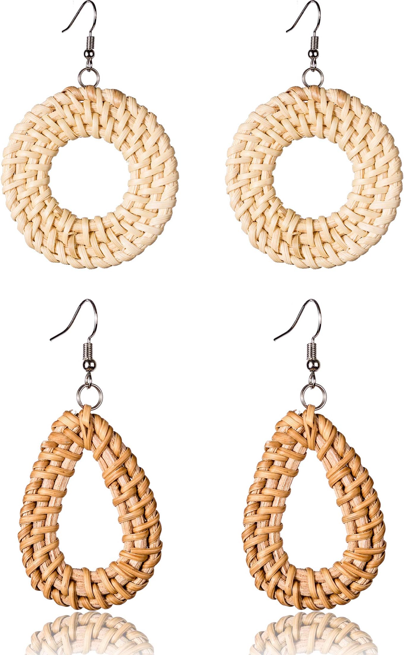 Rattan Earrings Hoops For Women Large Woven Handmade Straw DIY Teardrop Circle Bohemian Style Clip Lightweight Disc Wickers