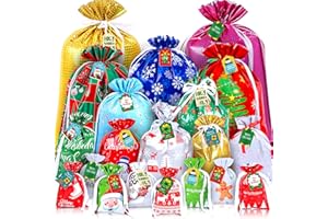 kockuu 32pcs Christmas Gift Bags Assorted Sizes with Gift Tag & Ribbon Ties, Mini Small Medium Large Holiday Drawstring Bags for Gift Present Wrapping