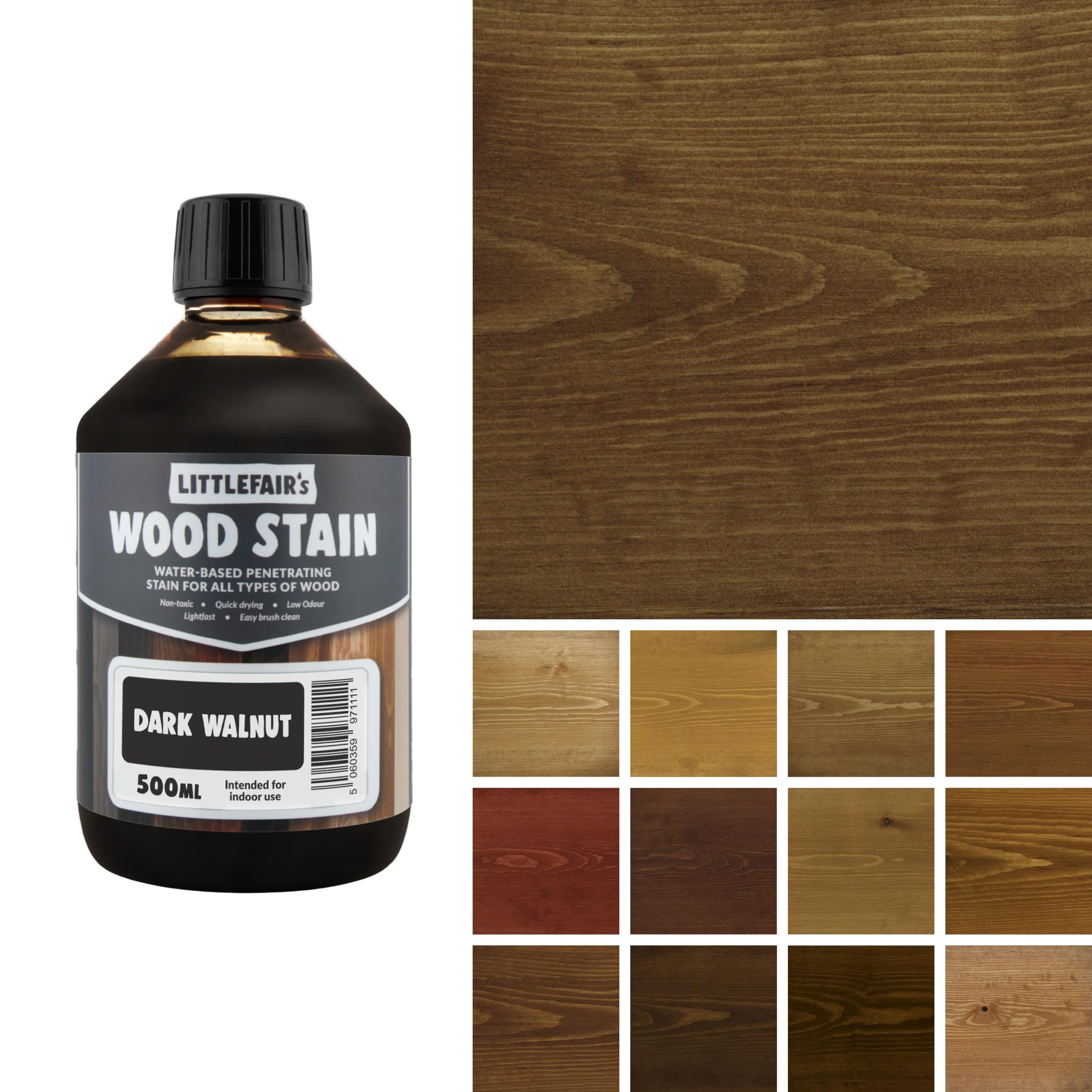 Littlefair's Wood Stain Water-Based - (Dark Walnut) – Non-Toxic, Eco-Friendly & Quick Drying - Easy-to-Apply, Concentrated Formula for All Wood Types – 500ml