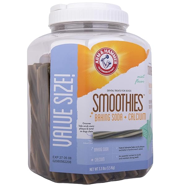 ARM & HAMMER FOR PETS SMOOTHIES DENTAL TREATS FOR DOGS WITH BAKING SODA AND CALCIUM, TREAT CHEWS HELP FIGHT BAD BREATH, PLAQUE & TARTAR WITHOUT BRUSHING, MINT, 57 PCS (PACKAGING MAY VARY)