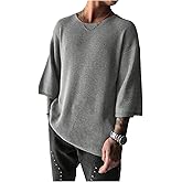 SHENHE Men's Oversized Sweater Pullover Crewneck 3/4 Sleeve Baggy Knit Jumper Streetwear