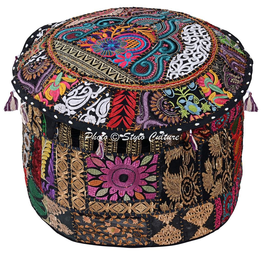Stylo Culture Round Patchwork Footstool Pouffe Cover Black Indian Foot Stool Seat Cotton Embroidered Ottoman Stool Pouf Cover Floral Indian Living Room Decorative Furniture (22x22x14) (COVER ONLY)