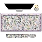 DINKY Mouse Pad Set, Large Gaming Mouse Pad with Wrist Rest Combo, Non-Slip Keyboard Wrist Rest, Stitched Edge Desk Mat for Work Gaming, Purple Flower Leaves