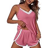 Ekouaer Womens Pajama Sets Soft Lingerie Sleepwear 2 Piece Cami Shorts Set V Neck Pj Lace Nightwear