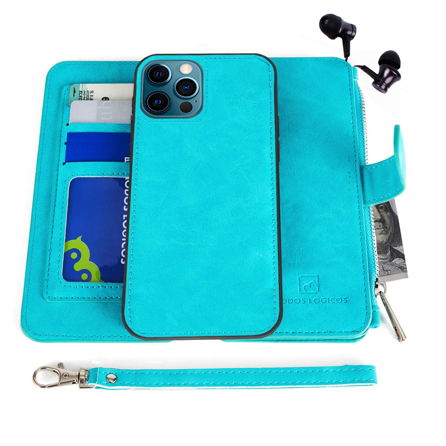 MODOS LOGICOS Case Compatible with iPhone 12 Pro Max, [Detachable Wallet Folio][Zipper Cash Storage][Up to 14 Card Slots 1 Photo Window] PU Leather Purse with Removable Inner Magnetic TPU Case - Teal