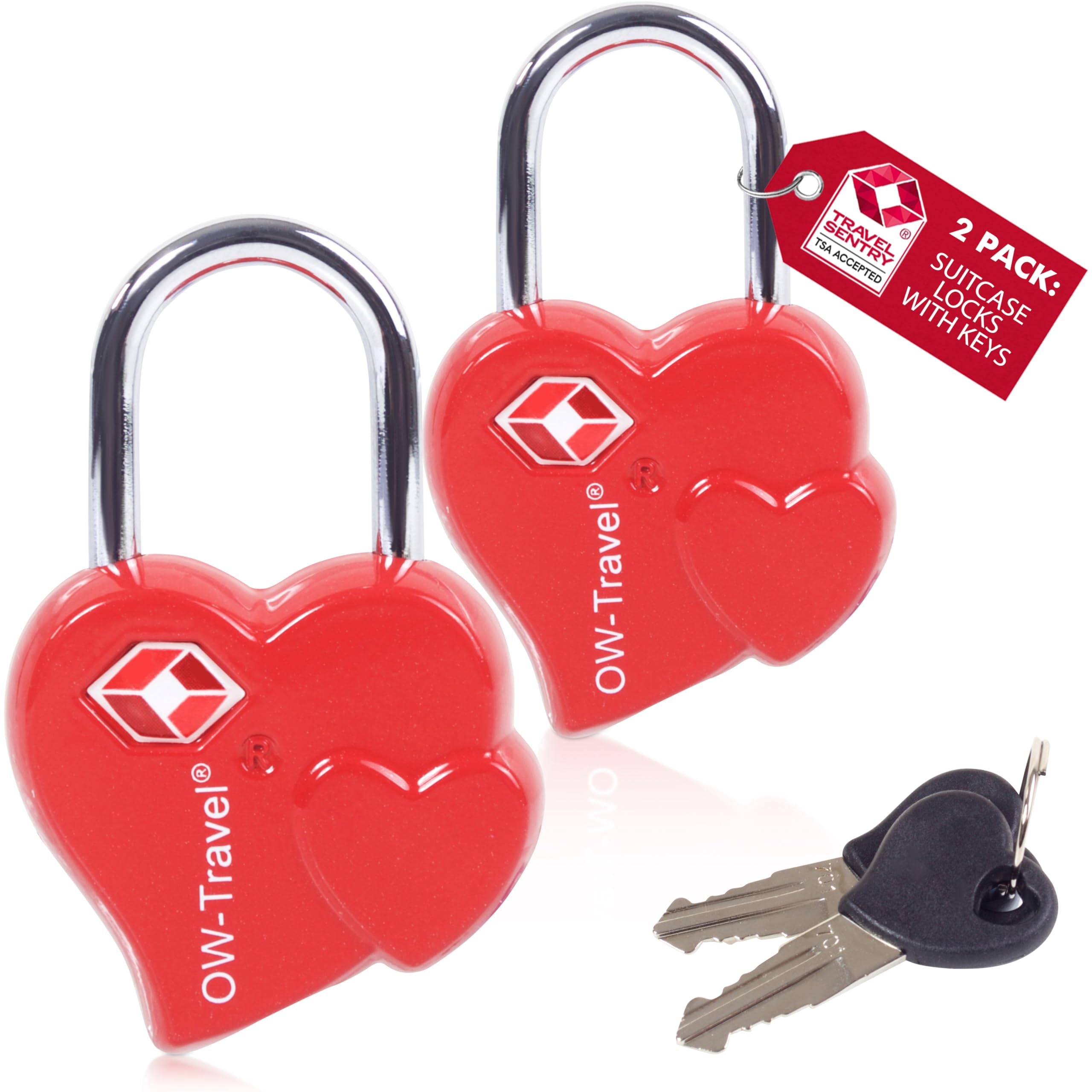 OW-Travel TSA Approved Luggage Locks Suitcase Locks with Keys (2 Pack Red) Small Padlock Heart Shaped Valentine Bag Travel Padlock. Luggage Padlocks for Suitcases. Mini TSA Suitcase Padlocks with Keys