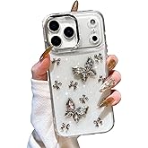 EYZUTAK Case for iPhone 17 Pro, Bling Glitter 3D Butterflies Bowknot Phone Case Cute Crystal Clear Bow Aesthetic Cover Slim Soft Durable TPU Transparent Protective Cover for Women Girls - Butterfly