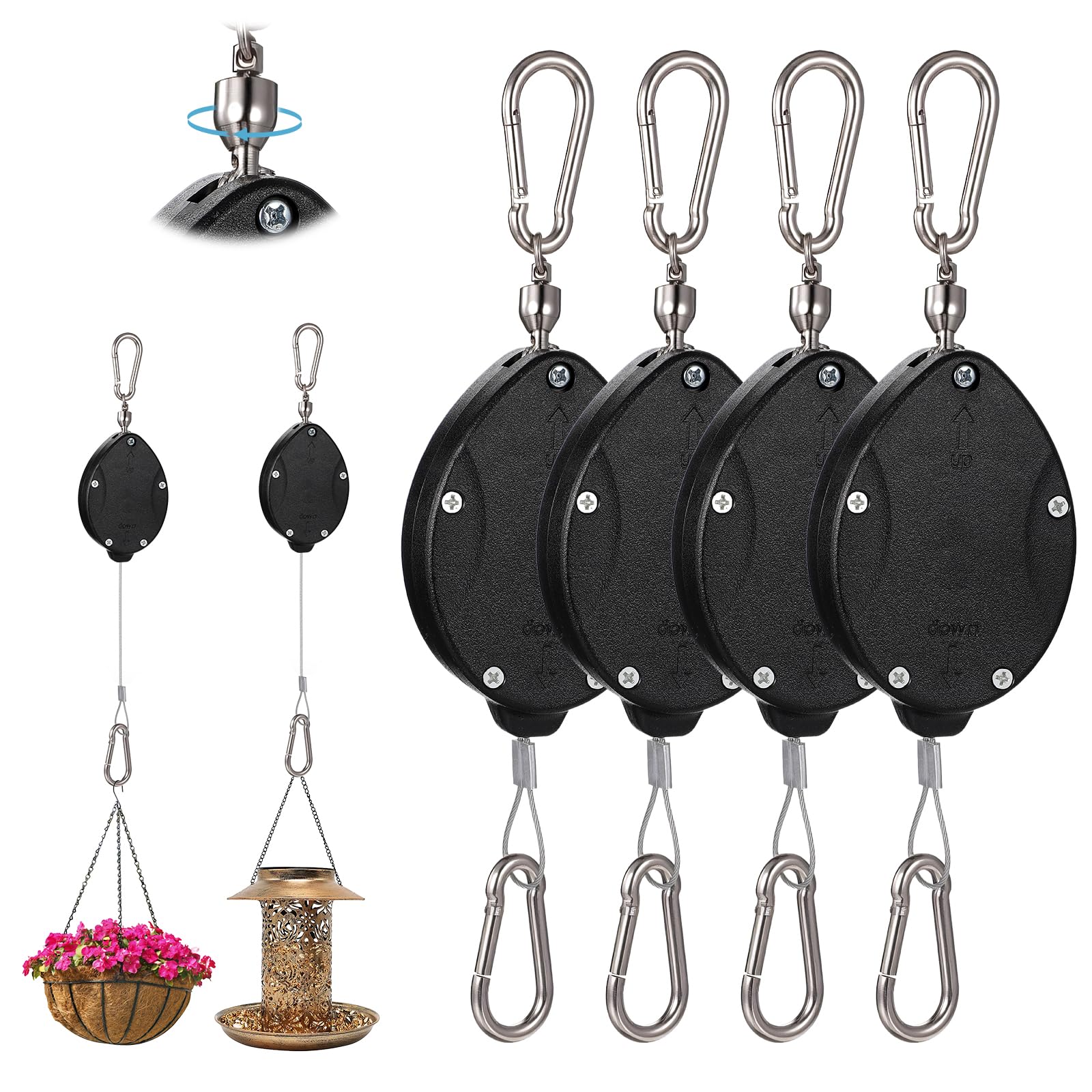 Photo 1 of 4-Pack Retractable Plant Hangers, Upgraded Heavy Duty Hanging Plant Holder with Auto Lock, Adjustable Pots Pulleys for Outdoor Indoor Garden, Birds Feeder and Grow Lights, Easy to Raise and Lower