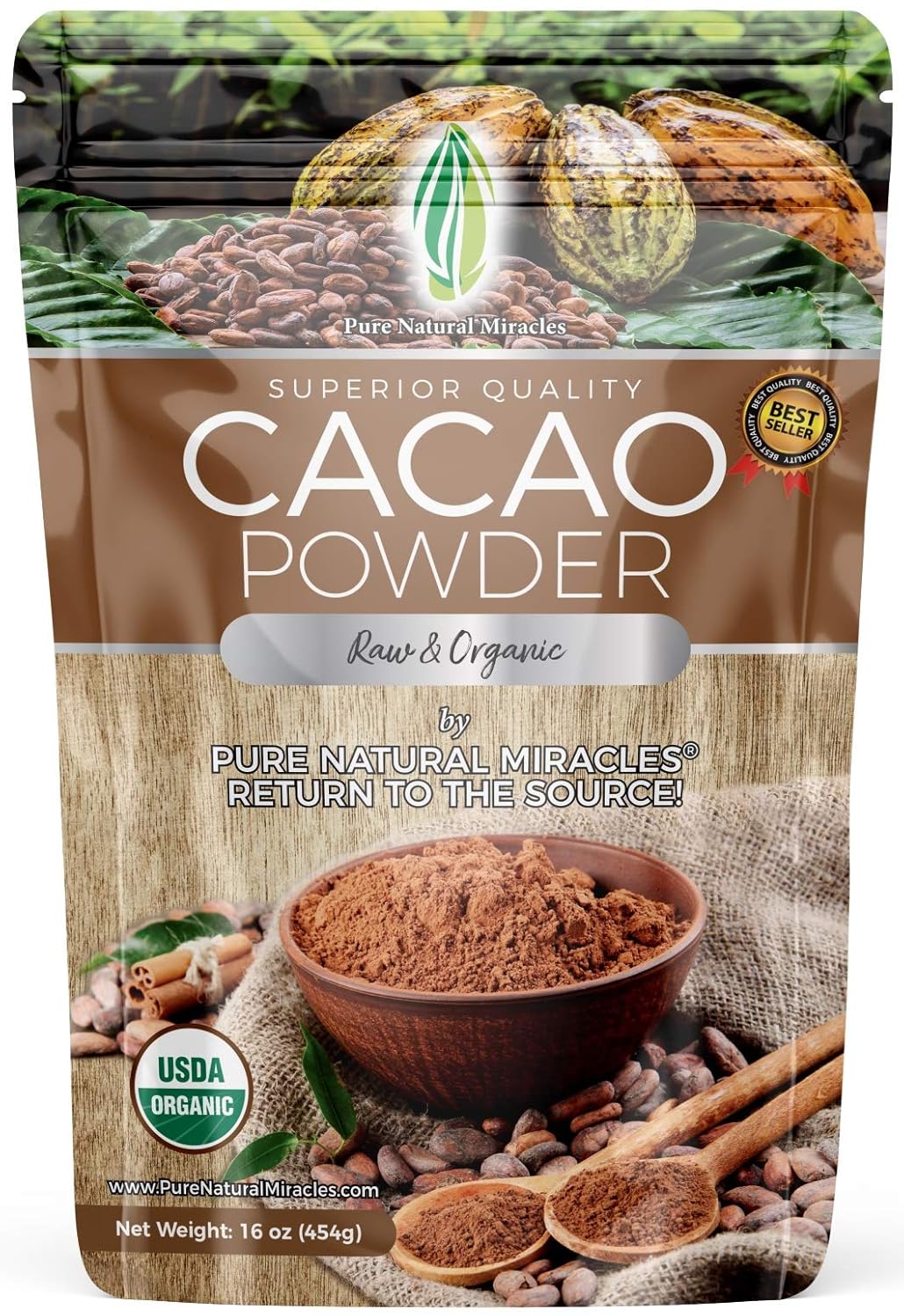 Pure Natural Miracles Cacao Powder Organic Raw Unsweetened Cocoa 1 lb