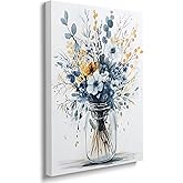 Framed Navy Blue Prints Vintage Daisy Floral Picture Wall Decor Gift Modern Poster Retro Simple Rustic Flower Canvas Wall Art Wildflower Painting for Living Room Bathroom Artwork (12"x16")