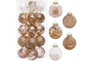 SY SUPER BANG 70MM/2.76" Christmas Ornaments Set, 20PCS Shatterproof Decorative Hanging Ball Ornament with Stuffed Delicate Decorations, Clear Rustic Xmas Tree Balls for Holiday Party- Champagne Gold.