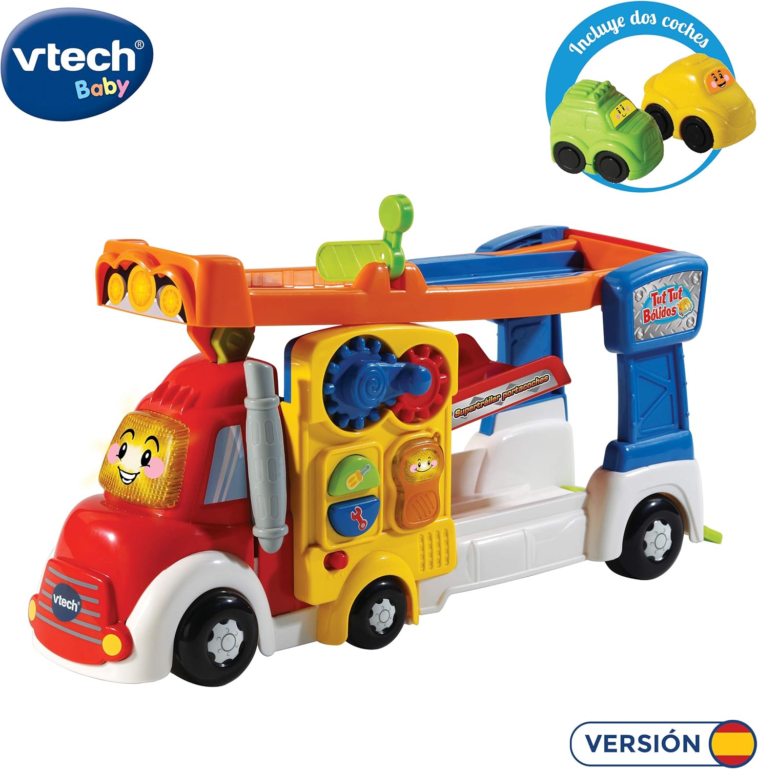 VTECH- Super Tráiler TutTut Bólidos Camión Portacoches Interactivo con Rampas De Tres Pisos, Multicolor, Talla Única (3480-521122) , color/modelo surtido