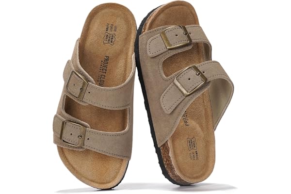 Project Cloud Kids Sandals, 100% Genuine Leather Slides for Boys & Girls | Natural Cork Footbed Non Slip Lightweight Water Resistant Sandals - Beach Footwear Sandals for Kids - Comfortable Kids Slides