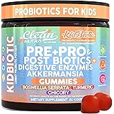 Clean Nutra Kids Probiotics Gummies with Prebiotics, Postbiotics, Digestive Enzymes, Akkermansia, Boswellia Serrata, Turmeric, Chicory – 60 Count – Plant-Based Supplement for Kids – PeachPop Flavor