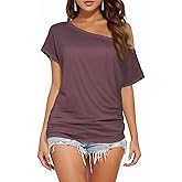 Buauty Womens Summer Off Shoulder Tops Casual Loose Short Sleeve T Shirts One Shoulder Tops Trendy Sexy Cute Tunic Tee Wine Red