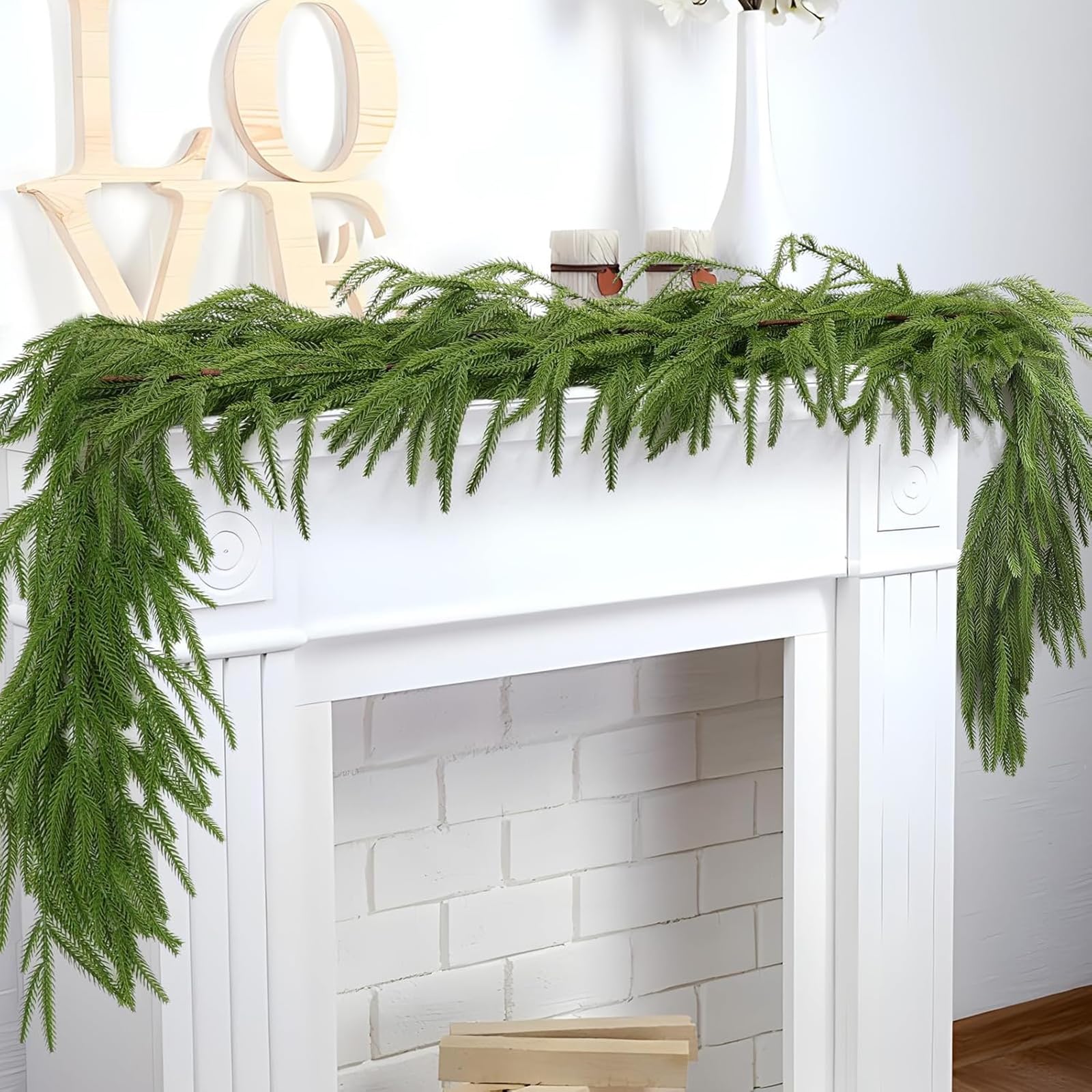 Photo 1 of 1 Pcs Artificial Norfolk Pine Garlands 6 Ft Real Touch Winter Pine Christmas Garland, Faux Greenery Garland for for Mantle Table Fireplace Indoor Outdoor Holiday Party Decoration (1)