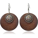 KaFu Brown Wooden Earrings for Women Vintage Bohemian African Ethnic Wood Big Round Circle Geometric Dangle Drop Earrings Jewelry