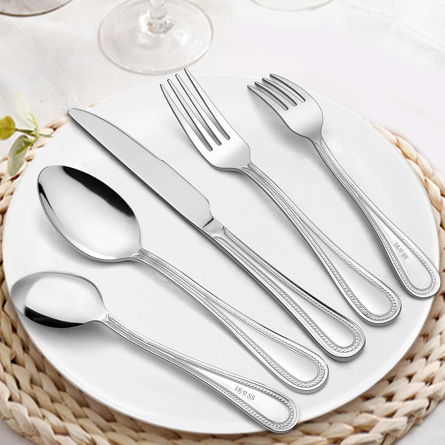  | LIANYU 20-Piece Silverware Set, Stainless Steel Flatware Set for 4, Fancy Cutlery Eating Utensils with Pearled Edge, Home Kitchen Restaurant Tableware Include Knives Spoons Forks, Dishwasher Safe: Flatware Sets