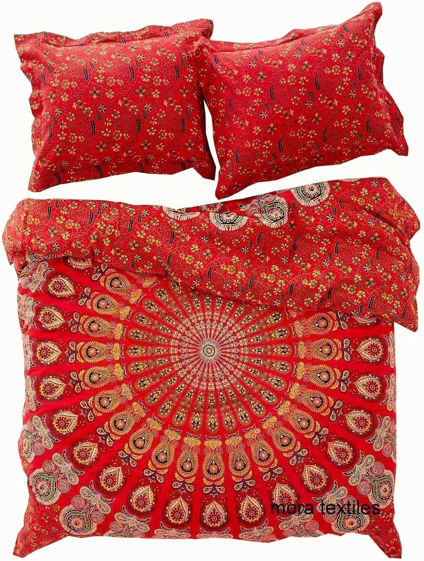 Kiara 3 Pcs Mandala Bedding Posture Million Romantic Soft Bedclothes Plain Quilt Coverlet Twill Boho Bohemian Duvet Cover Set Queen / Twin Size (Queen, Pure Red Mirchi)