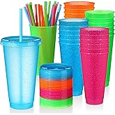 Dandat 24 Pcsc Halloween Plastic Cups with Lids and Straws Bulk, 24 oz Large Reusable Tumbler with Lids for Kids and Adults Party Favor, Glitter Water Bottle Travel Mug for Birthday(Neon)