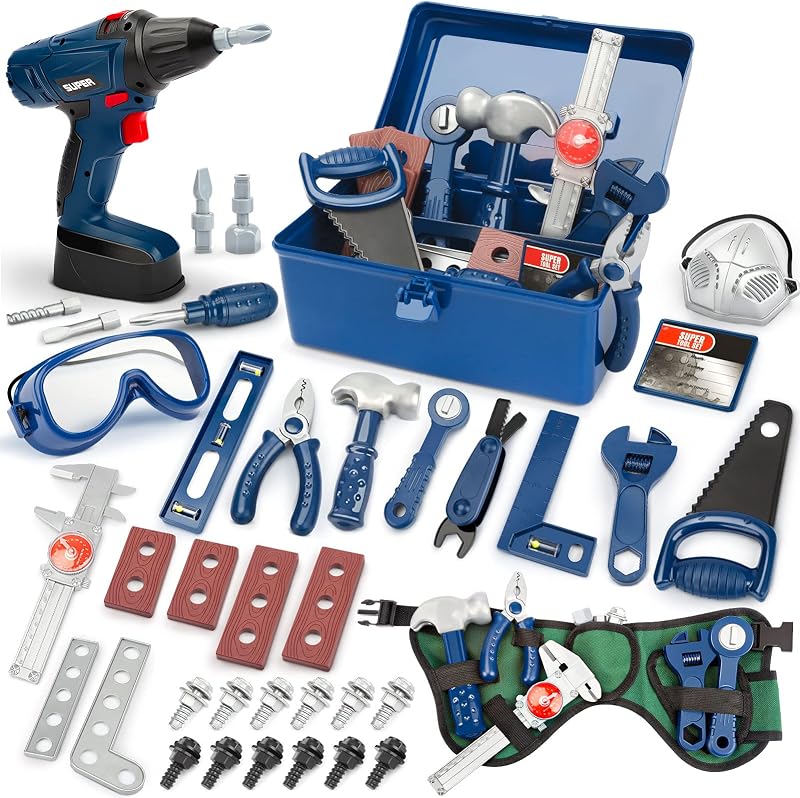 Vanplay 52 Pcs Kids Tool Set with Drill, Toolbox, Belt & Safety Goggles