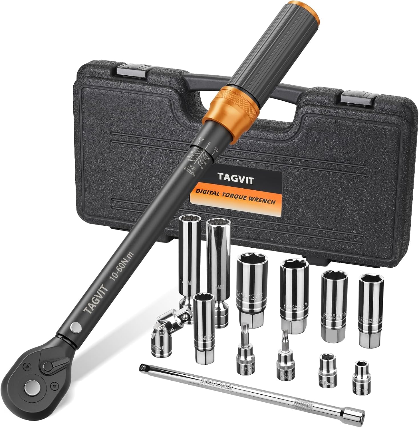 Photo 1 of TAGVIT 14 PCS Swivel Magnetic Spark Plug Socket Set with Torque Wrench 3/8 Inch Drive, 10-60 Nm 72 Tooth Click Torque Wrench with Universal Joint, Extension Bar, Bits for Easy Spark Plug Removal