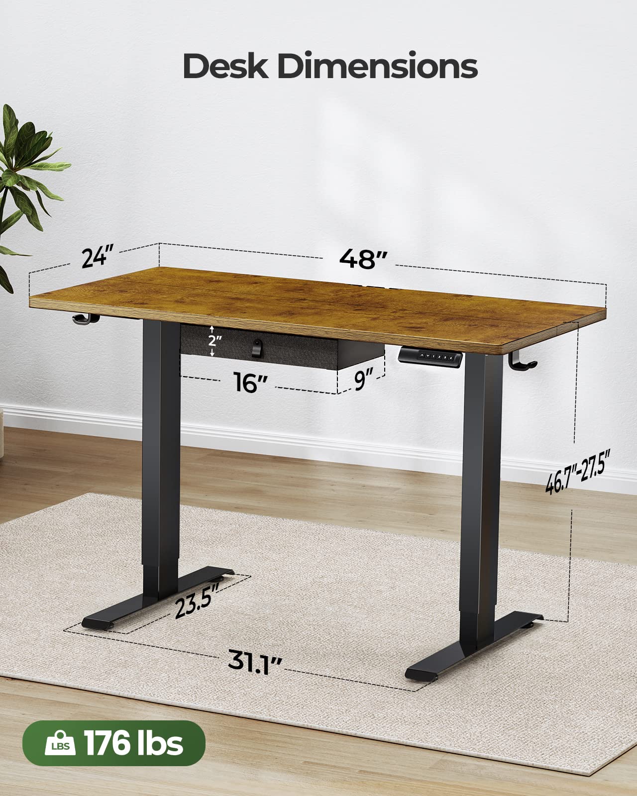 Marsail Standing Workstation with Drawer, 48x24 Adjustable Height Table, Electric Sit-Stand Station, Ergonomic Home Office Setup for Computer, Gaming, Rustic Style