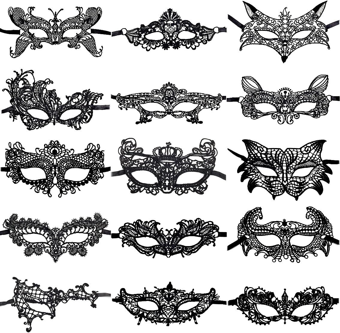 CNYMANY 15 Packs Women's Sexy Flexible Lace Masks Eye-mask for Ball Party Venetian Masquerade Costume - Black