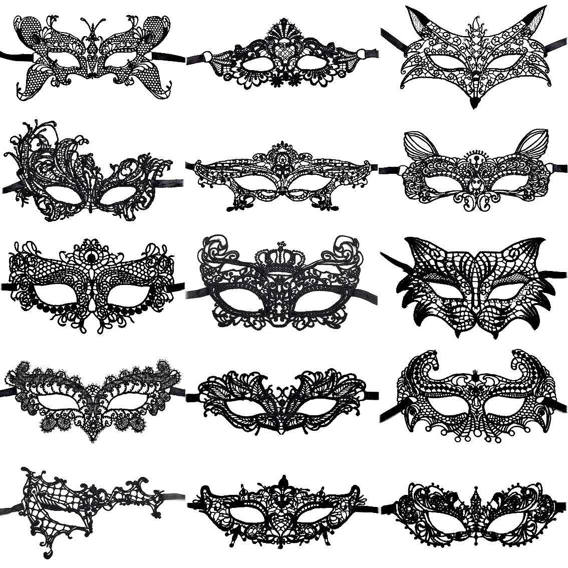 CNYMANY 15 Packs Women's Sexy Flexible Lace Masks Eye-mask for Ball Party Venetian Masquerade Costume - Black