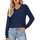 YUCOLEN Long Sleeve Crop Tops for Women Cotton V Neck T Shirts Loose Fit Cropped Basic Tees Soft Casual Fall Outfits