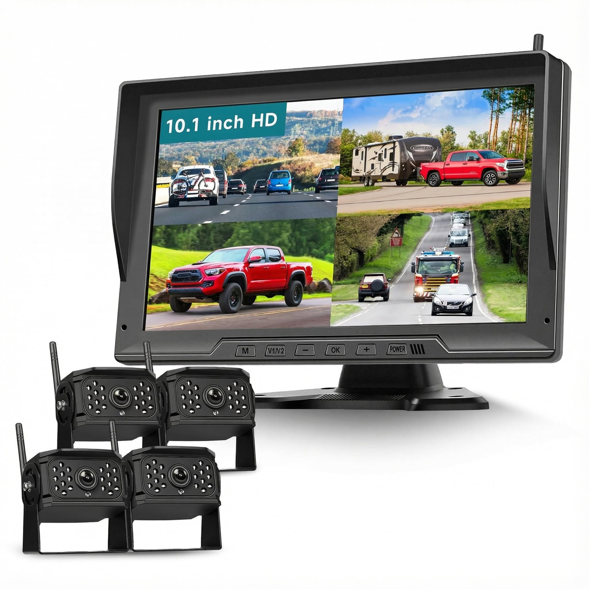 Podofo Wireless Reversing Camera 10.1 Inch 4 Split Screen Front Rear and Side Camera DVR IP68 Waterproof IR Night Vision Vehilce Camera for Trailer Truck Camper Bus Van with Transmission Up To 320ft