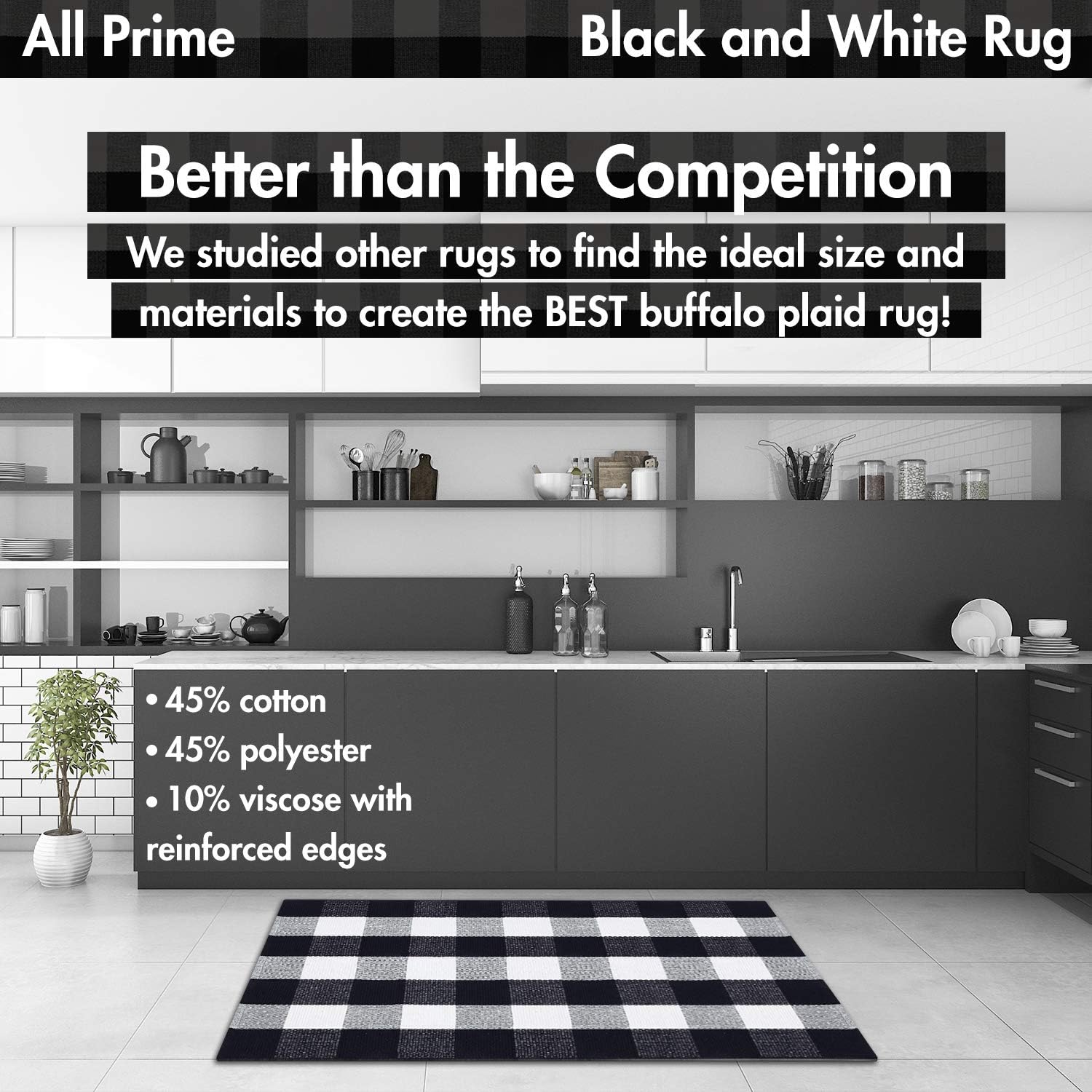 All Prime Buffalo Plaid Rug - Extra Large 28" x 43" Pure Black and White Rug for Indoor & Outdoor - Buffalo Check Rug for Kitchen, Bathroom, Porch Decor- Buffalo Plaid Front Door Mat with Laundry Bag: Kitchen & Dining