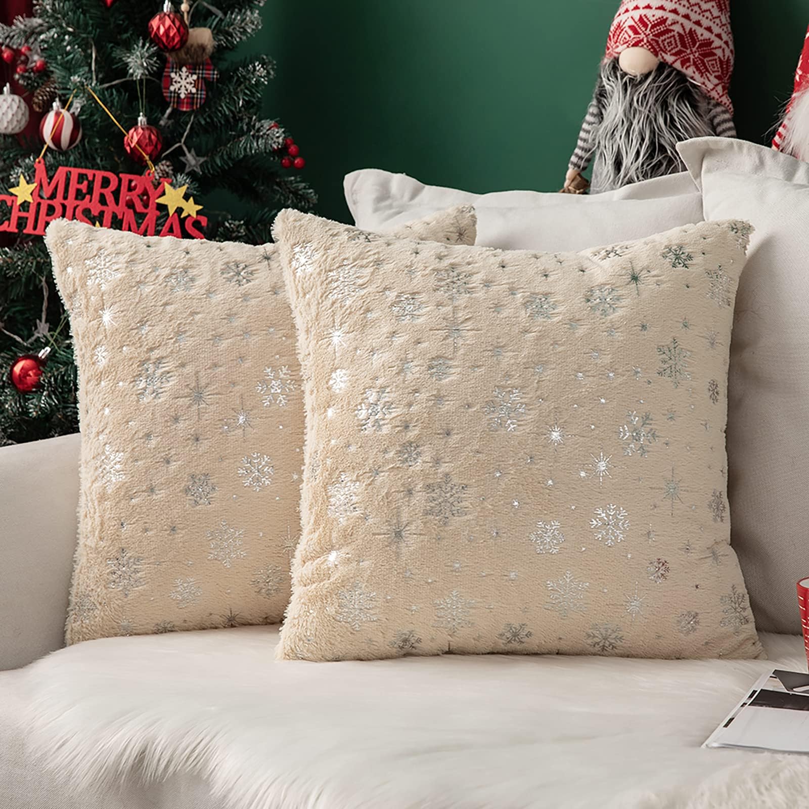 MIULEE Pack of 2 Christmas Cushion Covers Faux Fur Throw Pillow Cover Fluffy Soft Decorative with Snow Patterns Square Pillow Covers Plush Case for Sofa Bedroom 20 x 20 Inches 50 x 50 cm Beige