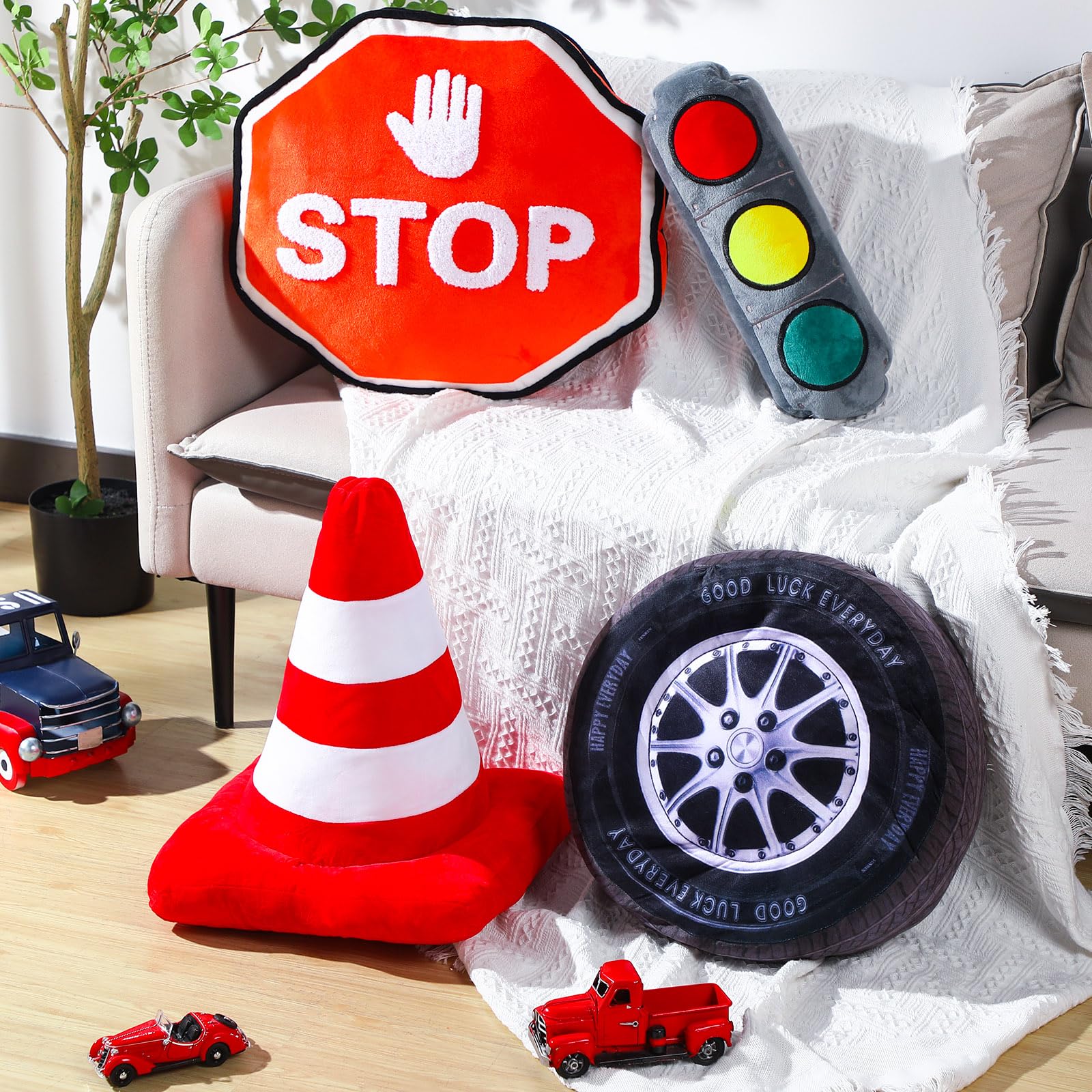 Photo 1 of **ONLY STOP SIGN AND STOPLIGHT**
Sintuff 2 Pcs Racing Room Pillow Decorations Set 3D Simulation Wheel Tire Pillow Stop Sign Shaped Throw Pillow Traffic Safety Cone Decorative Plush Toy Kids Bedroom Car Theme Decor