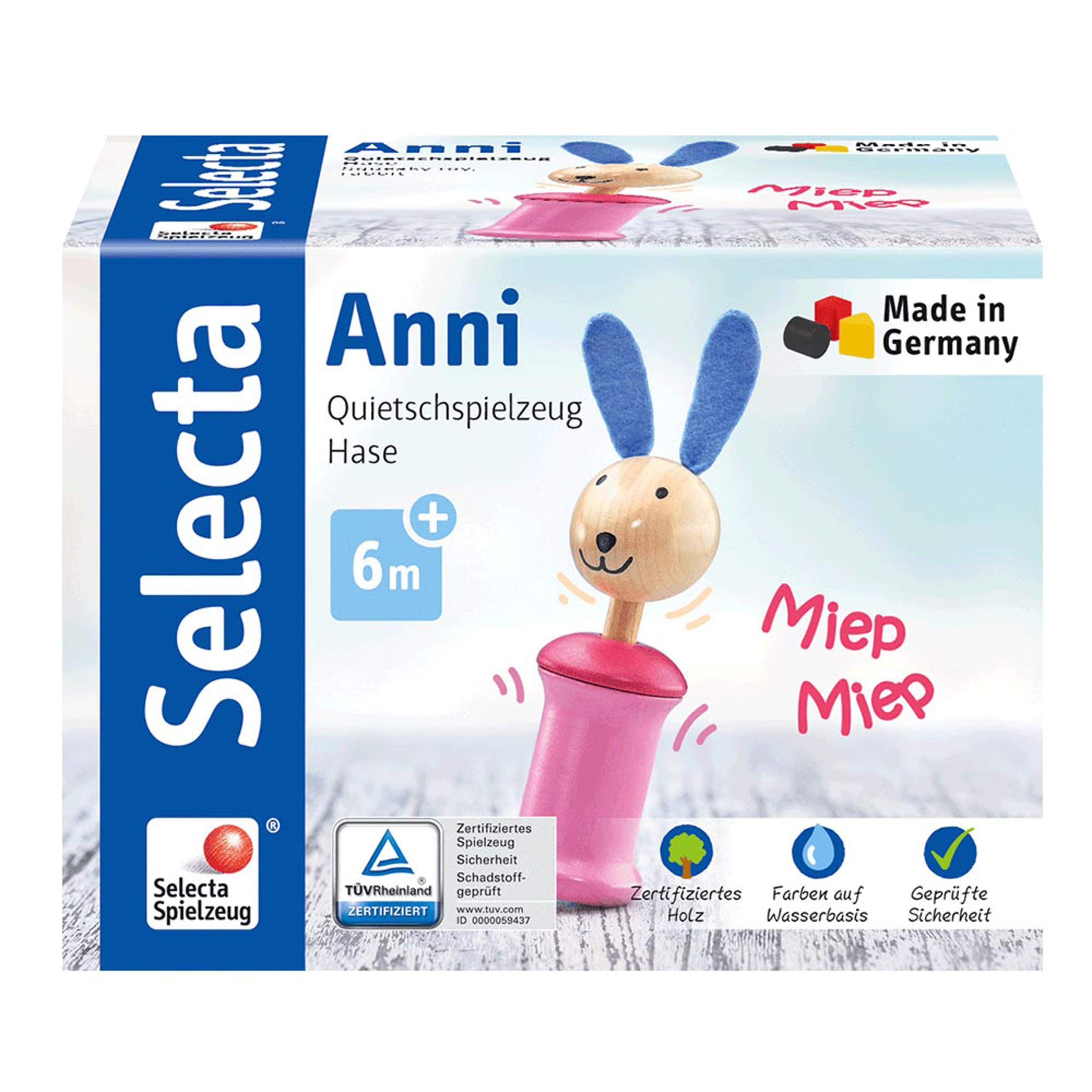 Selecta 61057 Anni Hare Grab Toy with Squeaker, 17 cm, Multi-Coloured