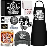 NVTROVI 50th Birthday Gifts for Men Whiskey Glass Set, 50th Birthday Party Supplies with 11 Oz Whiskey Glass Coaster Stone Baseball Cap Apron Sock Toilet Paper Keychain for Him, Dad, Husband, Friends