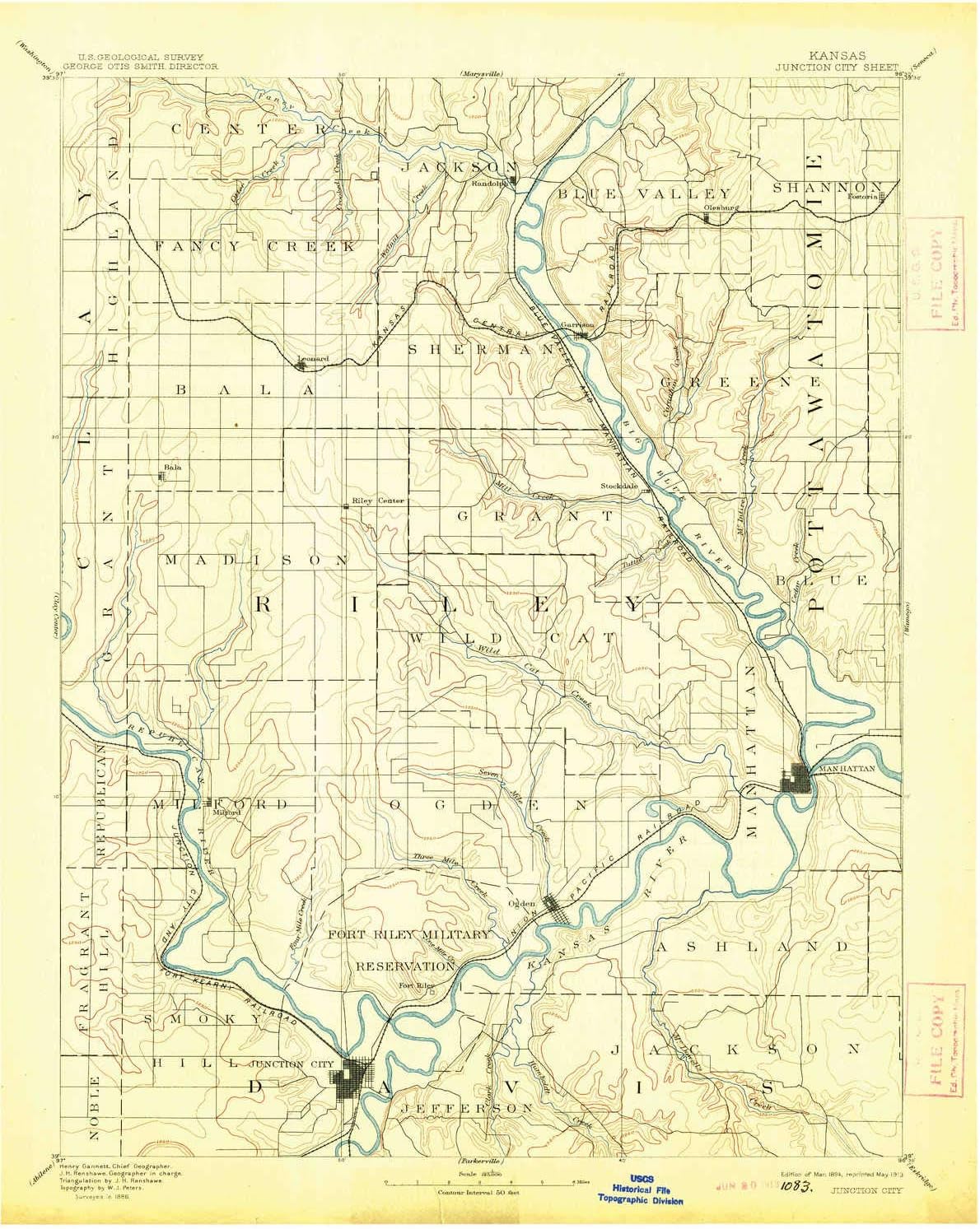 YellowMaps Junction City KS topo map, 1:125000 Scale, 30 X 30 Minute, Historical, 1894, Updated 1913, 20.01 x 16.56 in
