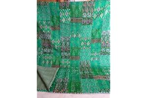 Sophia-Art Indian Silk Sari Kantha Bedspread Bed Cover Ethnic Throws Quilted Patchwork Indian Quilt Cover Old Bohemian Vintage Patola Quilt (Green, King 90" x 108")
