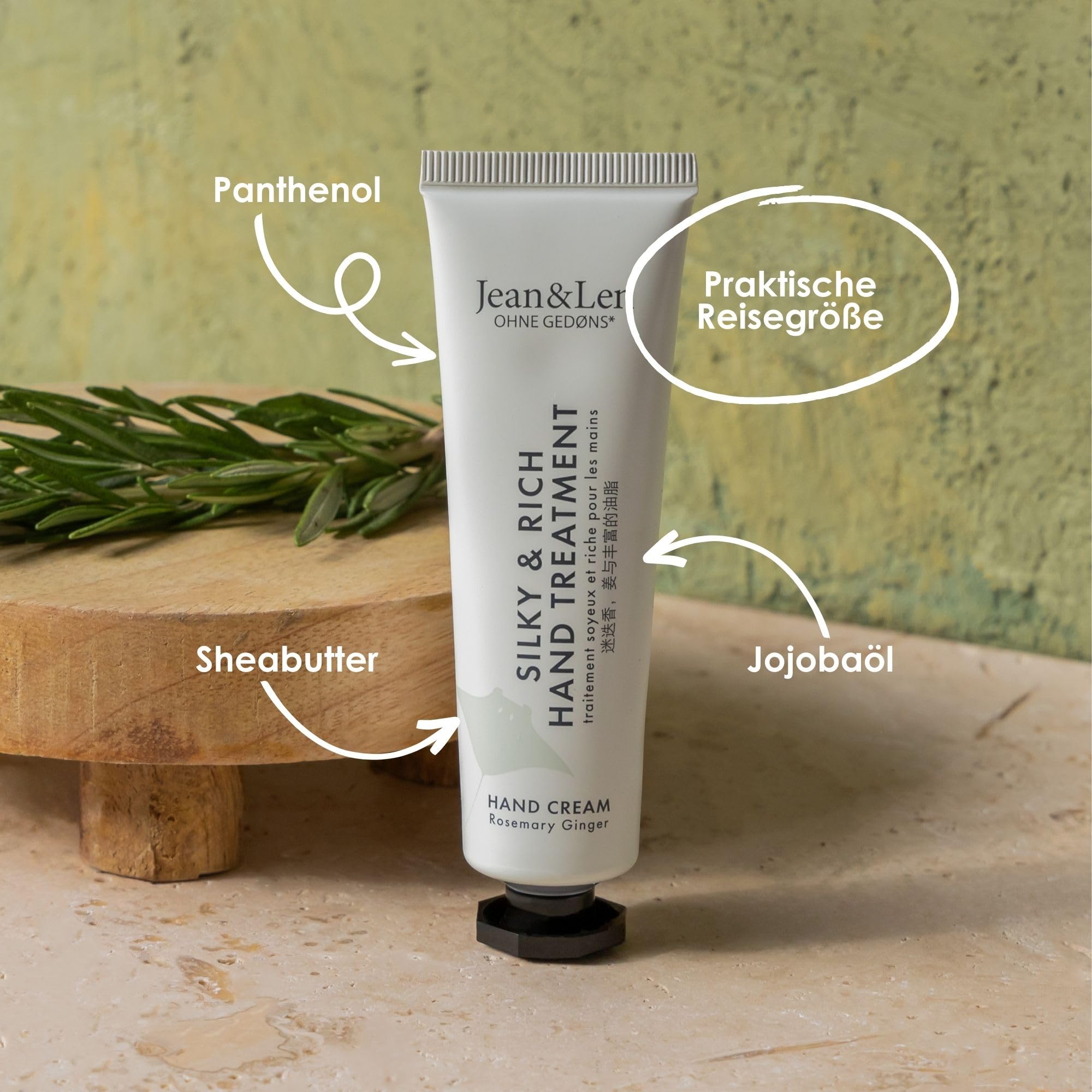 Jean & Len Mini Silky & Rich Treatment Rosemary & Ginger, 100% recyclebare Alutube (ohne Deckel), praktische Reisegröße, sorgt für weiche Hände, Handcreme mini, ohne Parabene & Silikone, 30 ml 3