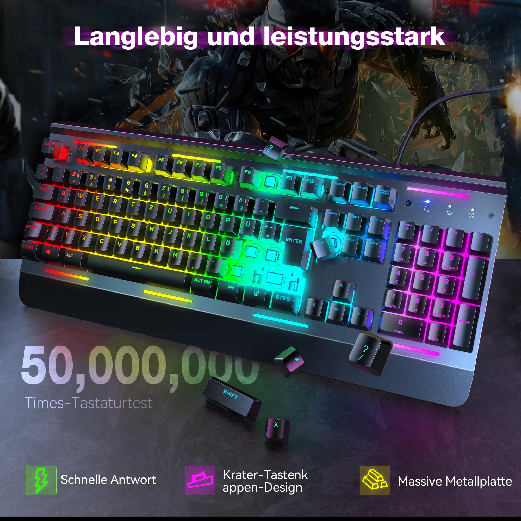 TECKNET Gaming Tastatur 105 Tasten Membrantastatur mit Vollmetall-Gehäuse 5