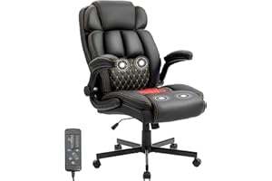 BIGGARSIT Massage Office Chair, 500LBS Ergonomic Rocking Executive Desk Chairs with 4 Points Vibration&Heat,Padded Flip-up Armrests for Big and Tall Office Chair,Swivel Computer Chair Thicken Back, PU Black