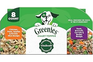 Greenies Smart Topper High Protein Wet Mix-in for Dogs, Chicken, Peas, Apples, and Brown Rice Recipe & Duck, Broccoli, Carrots and Barley Recipe Variety Pack with Whole Grains, 8 Trays of 2oz.