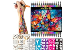 CORALMEE Temporary Tattoo Markers for Skin, 16 Colors Dual-Tip Tattoo Pens + 43 Tattoo Stencils + 50 Tattoo Stickers, Skin-Safe Glitter & Matte Body Markers, Washable Tattoo Kit for Kids Adults