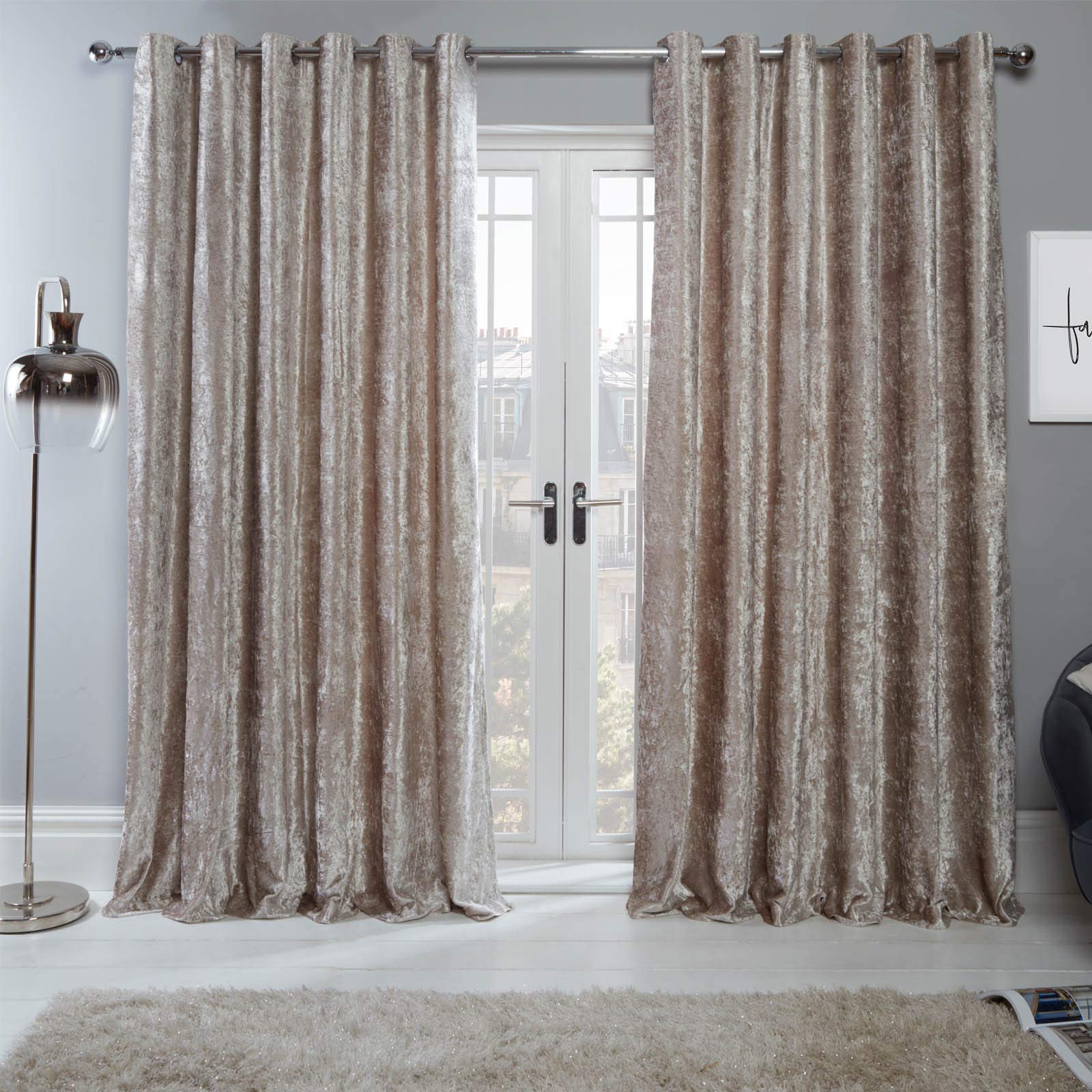 Sienna Crushed Velvet Curtain Eyelet Ring Top Pair of Fully Lined Curtains, Soft Luxury Natural Gold Thermal Insulated Curtains Window Treatment 2 Panel, 66" x 72"