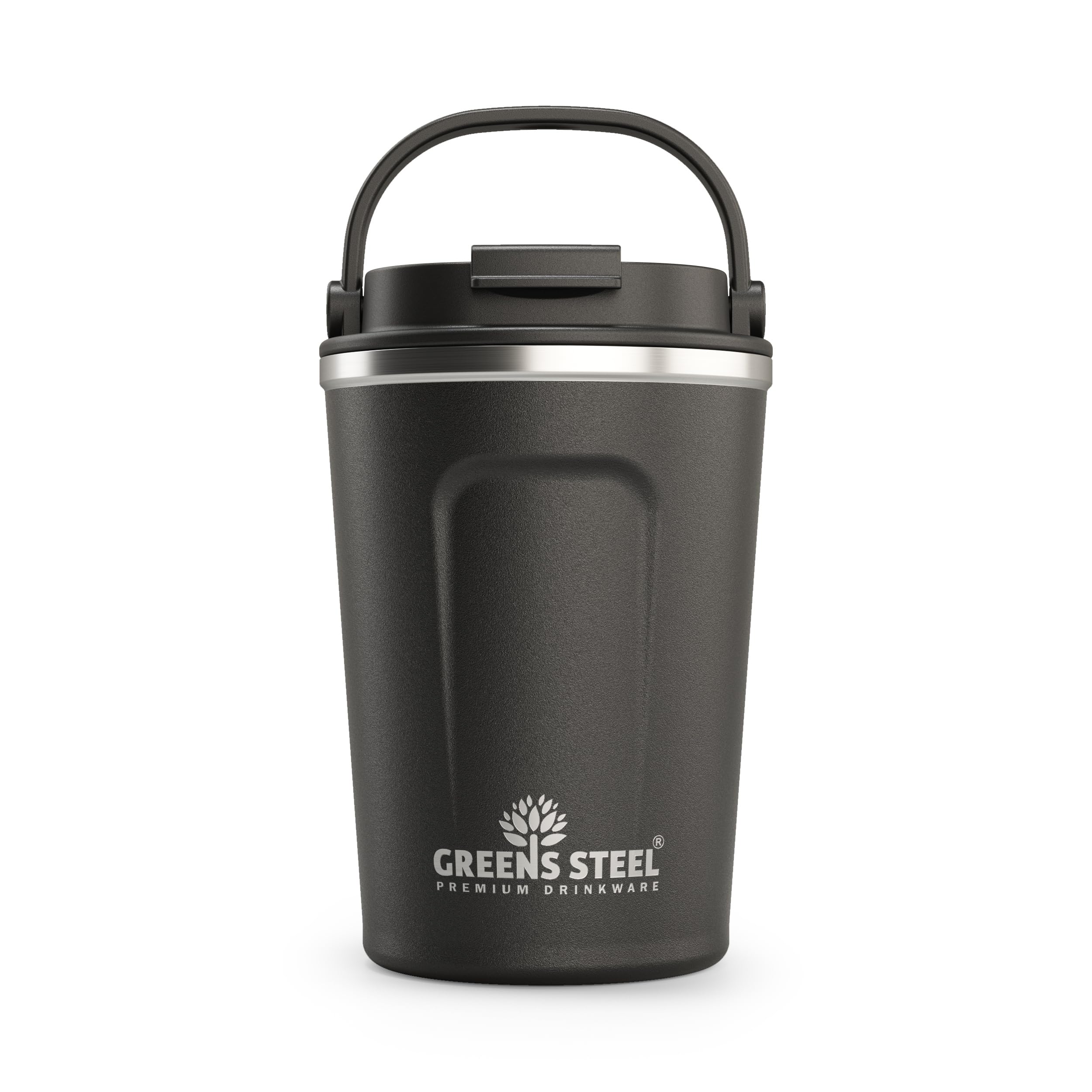 Greens Steel Reusable Coffee Cup - 350 ml (12 oz) Black | Travel Mug with Lid & Handle | Stainless Steel Insulated Flask for Hot & Cold Drinks | Leak Proof Tumbler for Tea, Coffee, Iced Drinks
