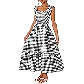 Caracilia Womens Summer Casual Maxi Dress Ruffle Spaghetti Strap Gingham Smocked Long Dresses 2026 Spring Vacation Sundress