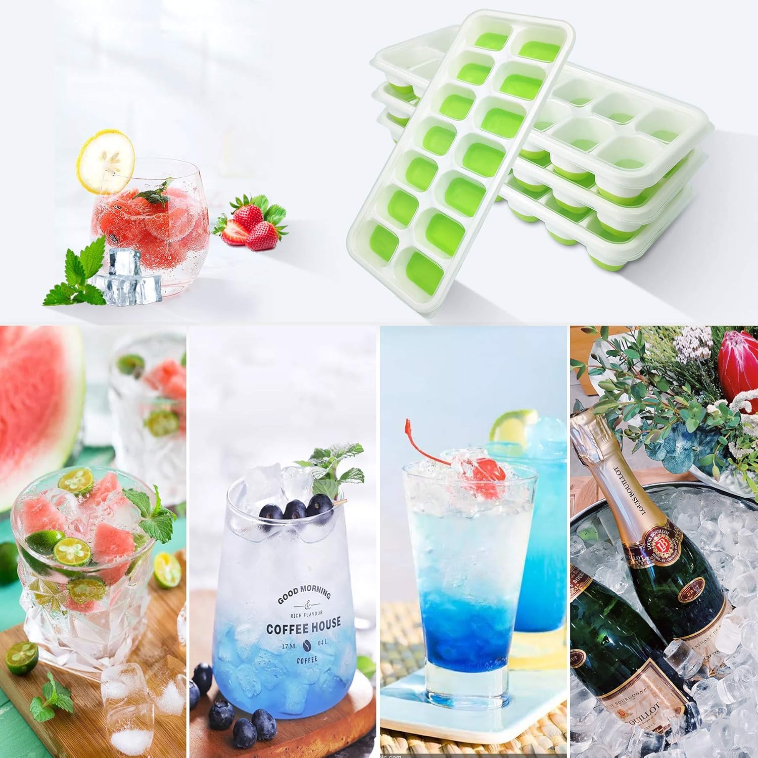 DOQAUS Ice Cube Trays 4 Pack, Easy-Release Silicone and Flexible 14-Ice Cube Trays with Spill-Resistant Removable Lid, LFGB Certified and BPA Free, for Whiskey, Cocktail, Stackable Flexible Ice Molds: Kitchen & Dining