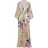 BABEYOND Women's Kimono Robe Long Satin Robes with Peacock and Blossoms Printed Kimono Nightgown