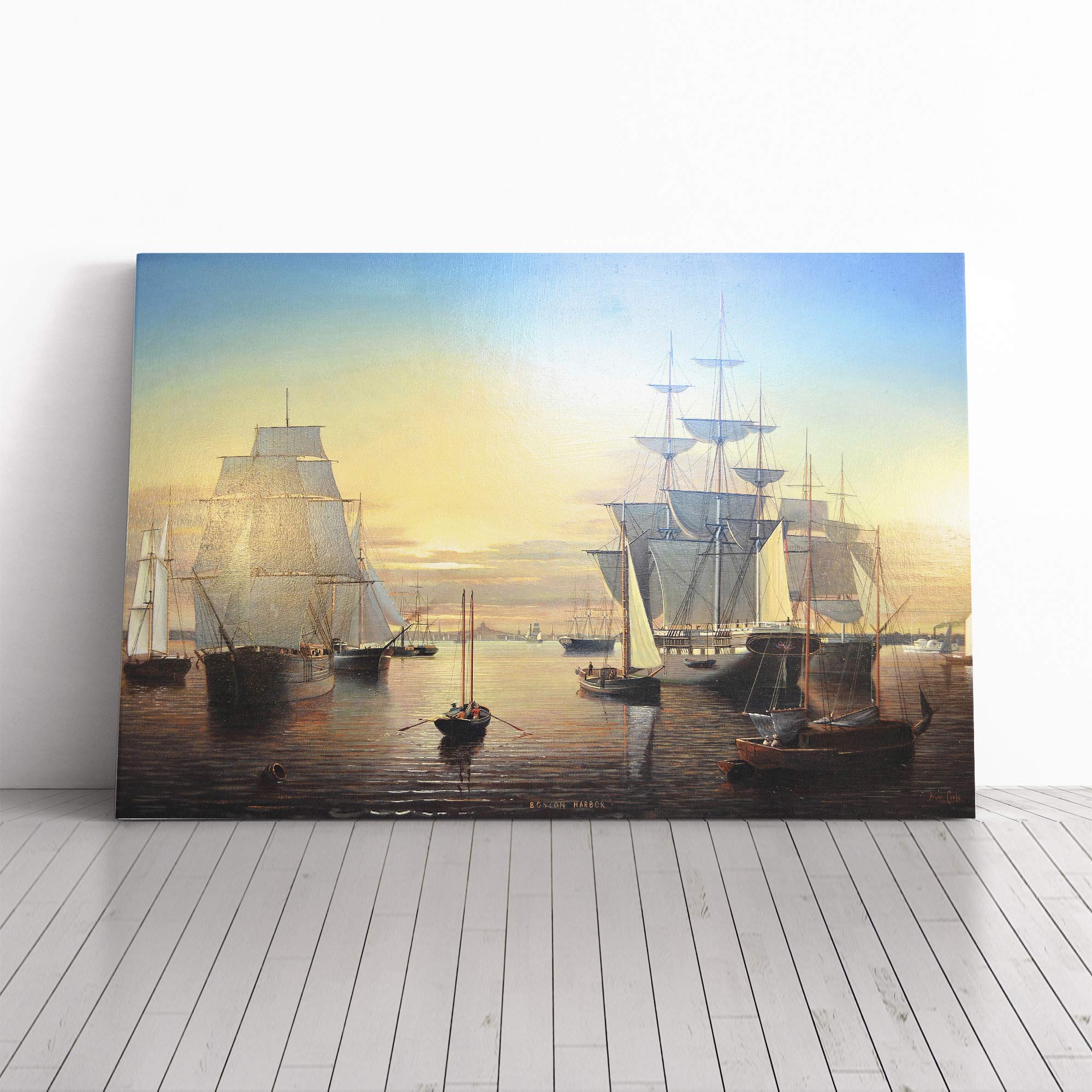 Fitz Hugh Lane Ships in Boston Harbour Canvas Print | Gallery Wrapped 30mm Frame Wall Art | 20x14 inches | Ready to Hang | Modern Seascape Picture | Living Room Bedroom Lounge Office