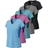 Real Essentials 5 Pack: Women's Dry Fit Short Sleeve V Neck Workout Top - Fitness Gym Athletic Yoga T-Shirt (Plus Available)